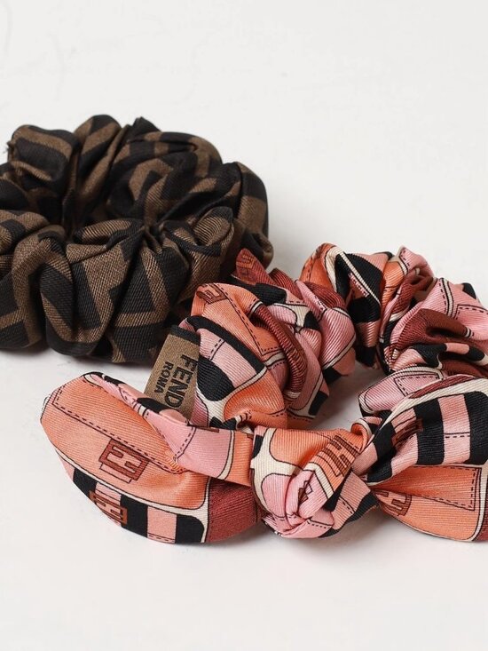 NWT Fendi Silk Zucca Ribbon Motif Hair Scrunchies Brown Pink